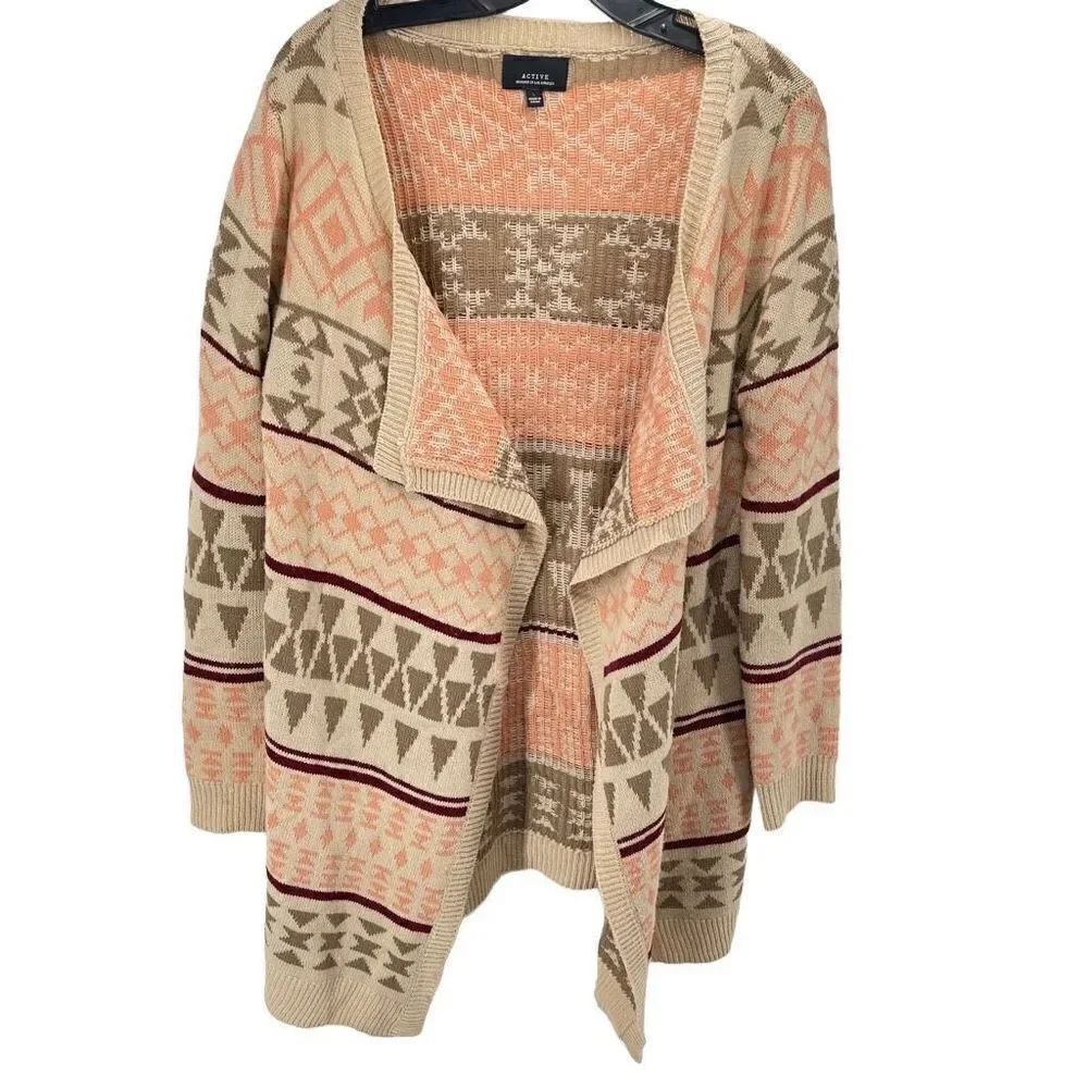 Active Womens Cardigan Sweater Acrylic Long Sleeve Open Front Large Peach Tan